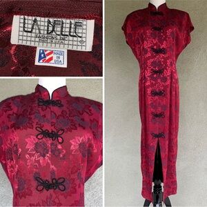 Red & Black Floral Jacquard Asian Maxi Dress Size M/L: